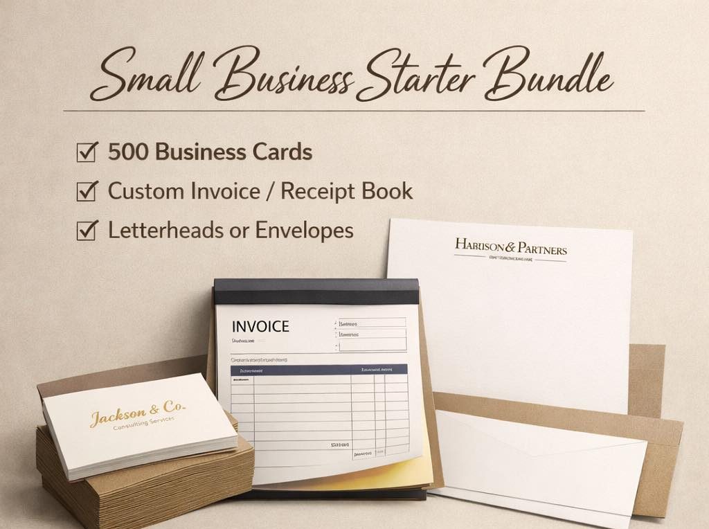 Small business starter bundle: business cards, an invoice book, a letterhead and envelopes
