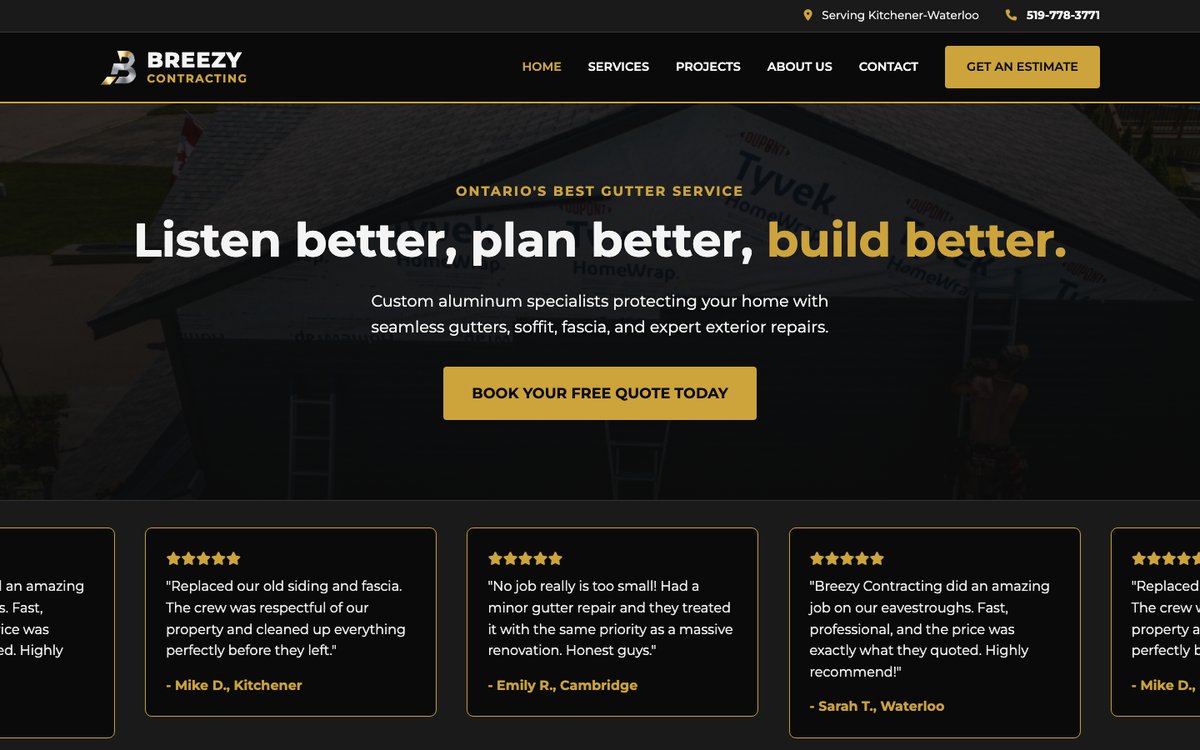 Home page of the Breezy Contracting website