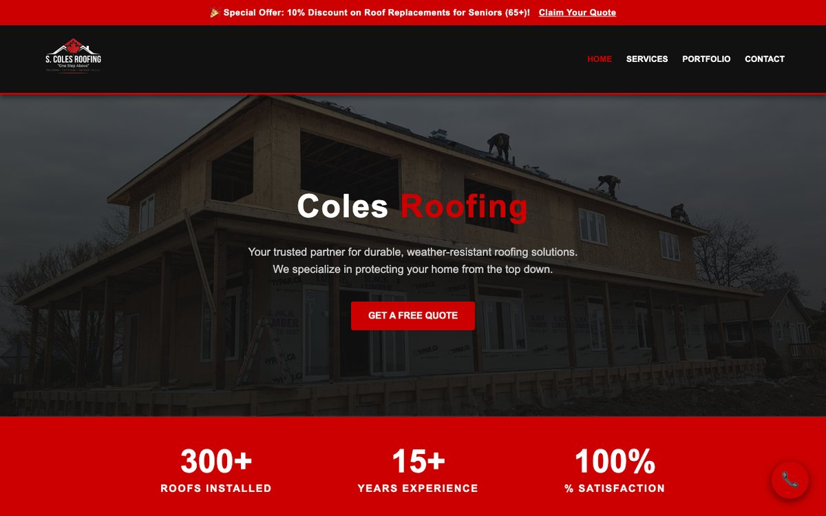 Home page of the Coles Roofing website